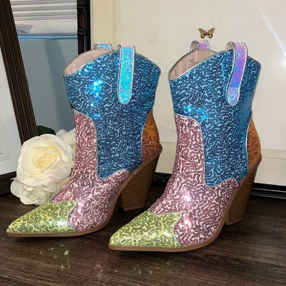 Cape Robbin Cowboy Western Ankle Heeled Boots Pointy Toe Sequin Slip-On NWOB 7.5 - Picture 3 of 13